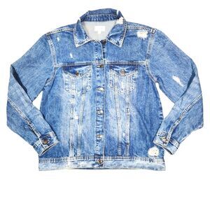 True Craft Denim Trucker Boyfriend Oversized Jean Jacket Distressed Classic Blue